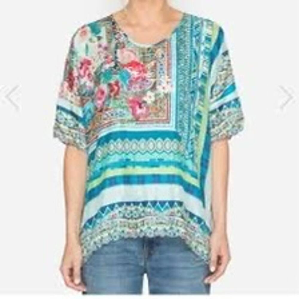 Johnny Was 1X Boho Scarf Print Dolman Sleeve Tunic Blouse Patchwork Top